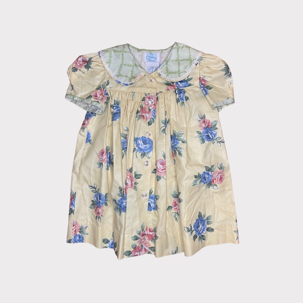 The Children’s Hour Vintage Pink Blue Floral Peter Pan Collar Pale Yellow Dress